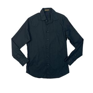 Roberto Cavalli Shirt Mens 16 Black Cotton Blend Stretch Button Up Embroidered
